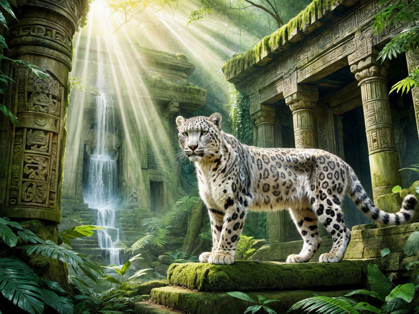 White Jaguar in Ancient Jungle with Waterfall and Ruins