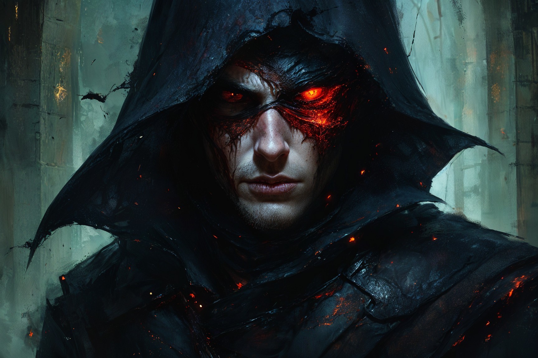Cloaked Figure with Fiery Eyes in Dark Forest