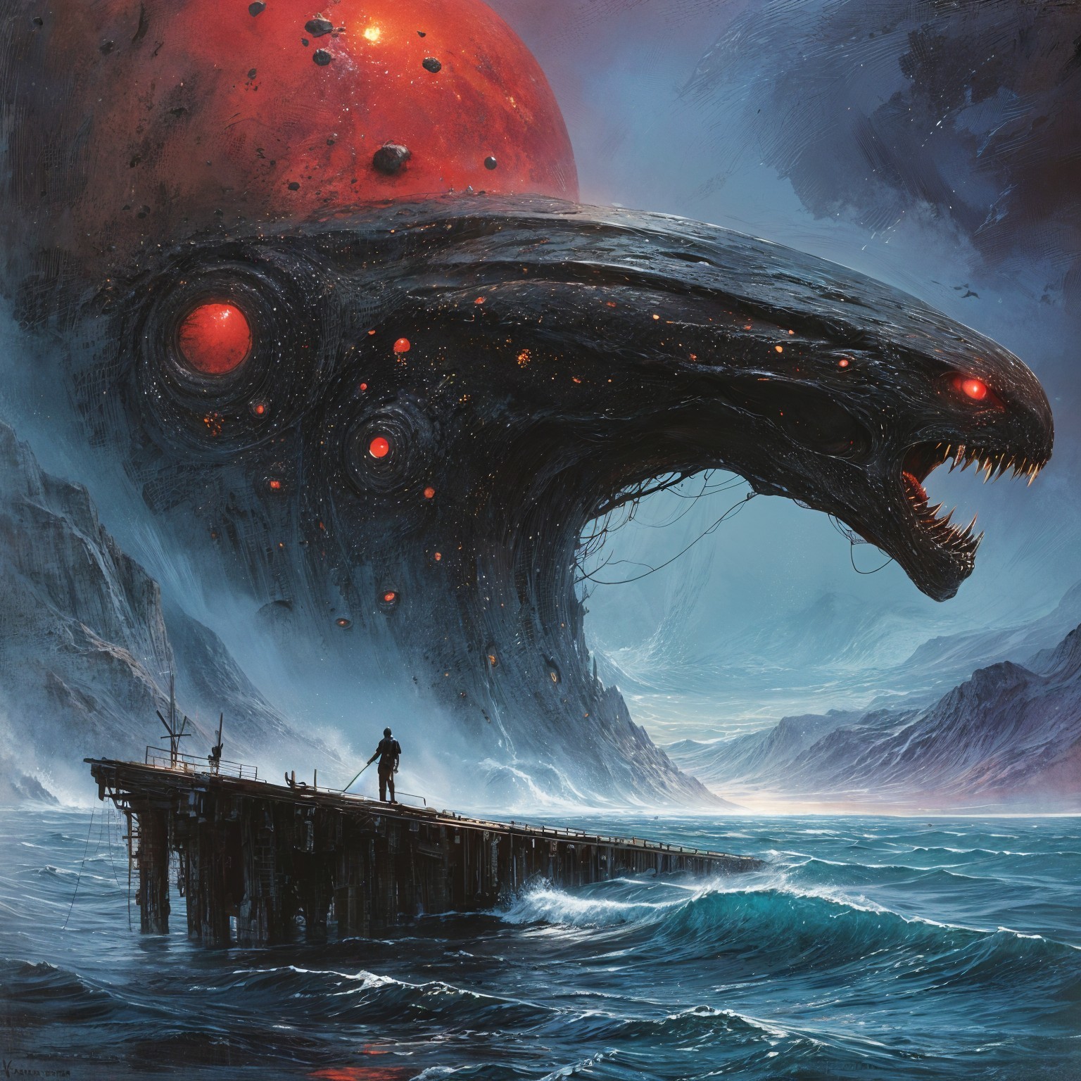 Dark Fantastical Landscape with Colossal Creature