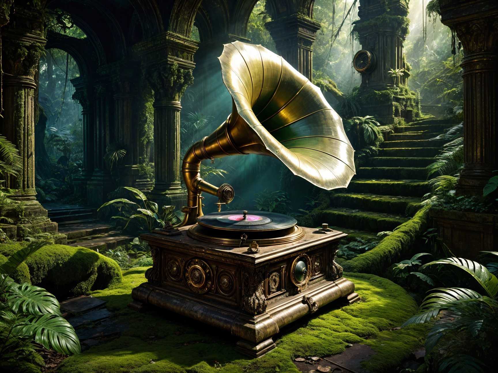 Vintage Gramophone in Lush Overgrown Setting