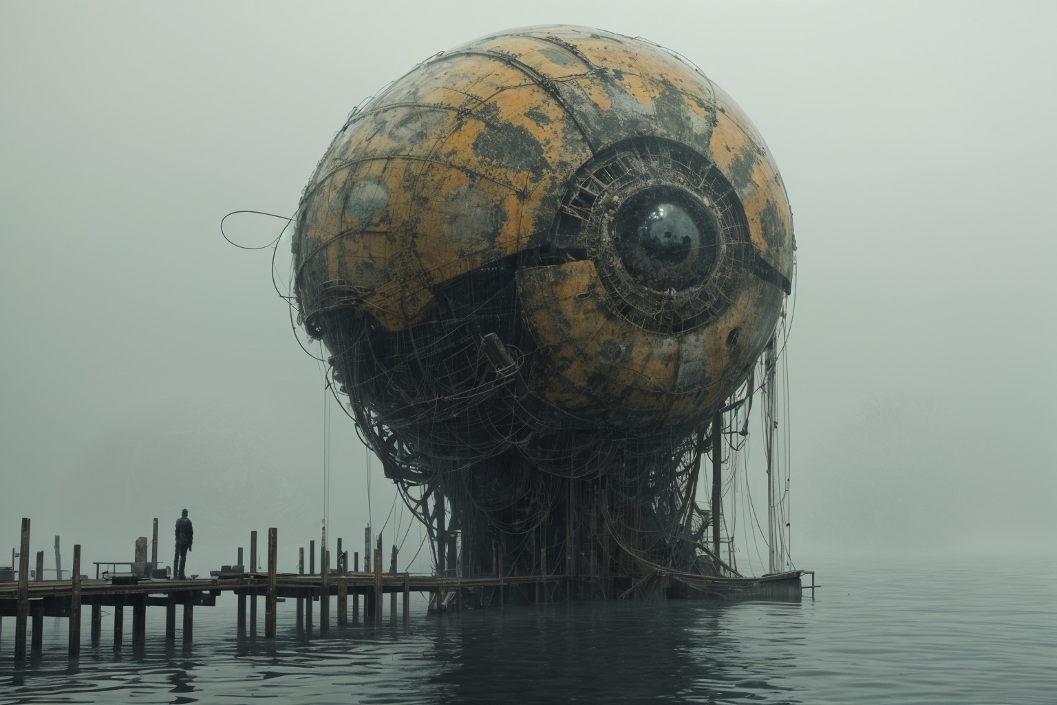 Lone Figure by Weathered Sphere on Misty Waters