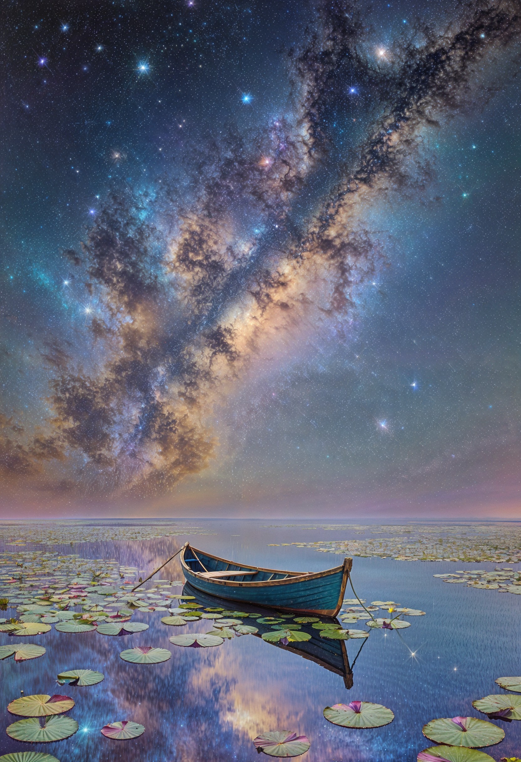 Serene boat on tranquil lake under vibrant night sky