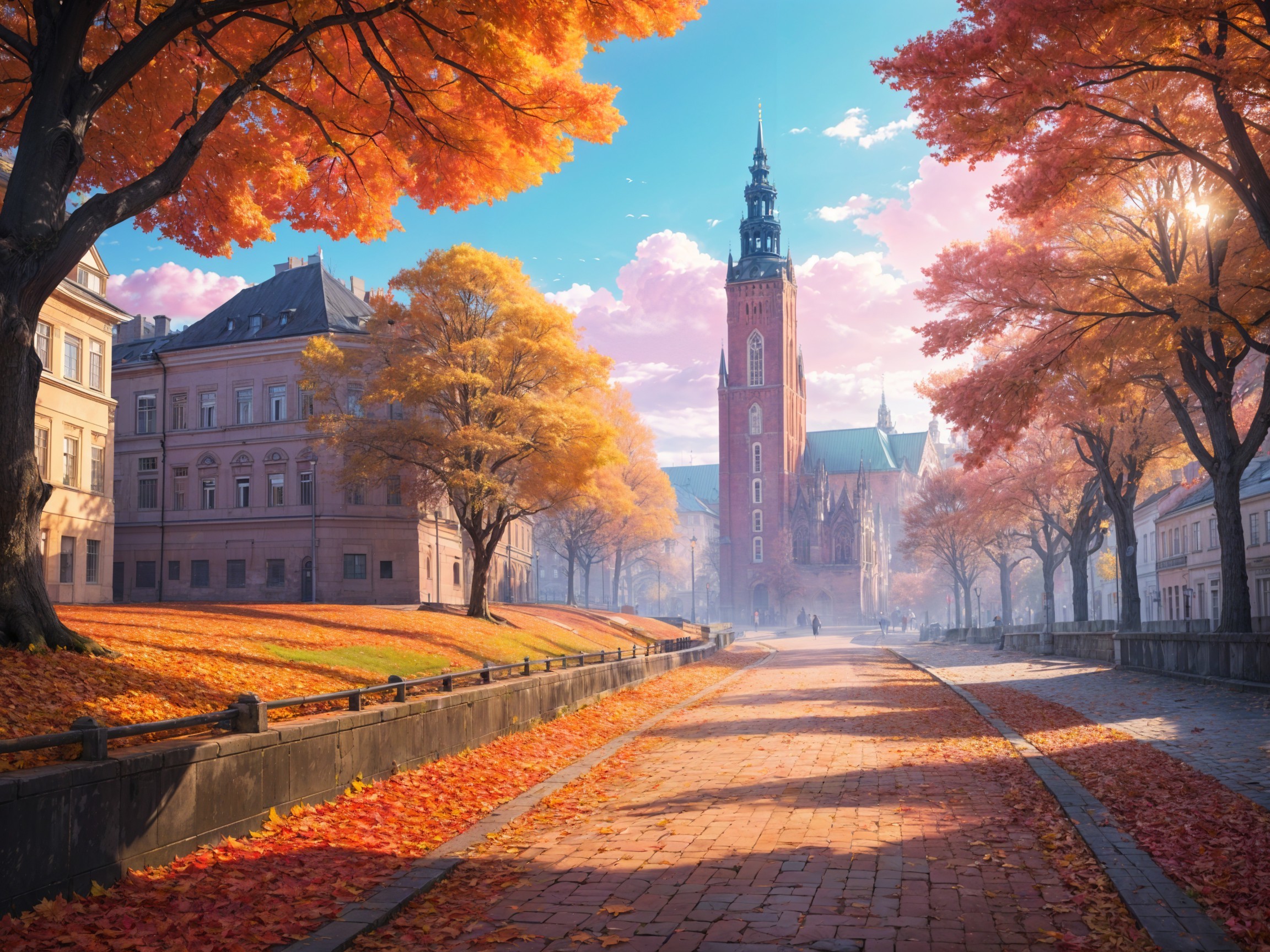 Autumn Landscape with Vibrant Leaves and Tower