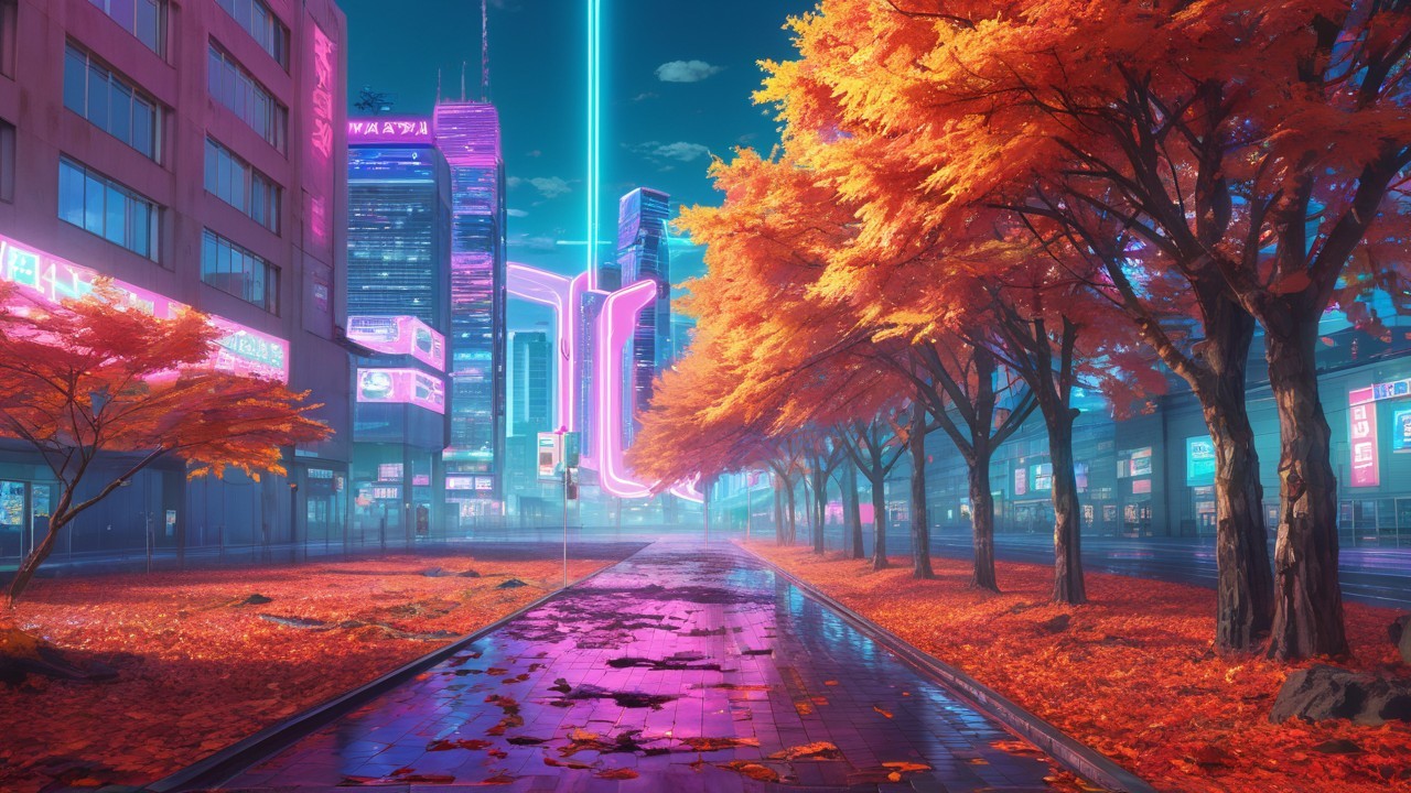 Futuristic cityscape with neon lights and autumn trees