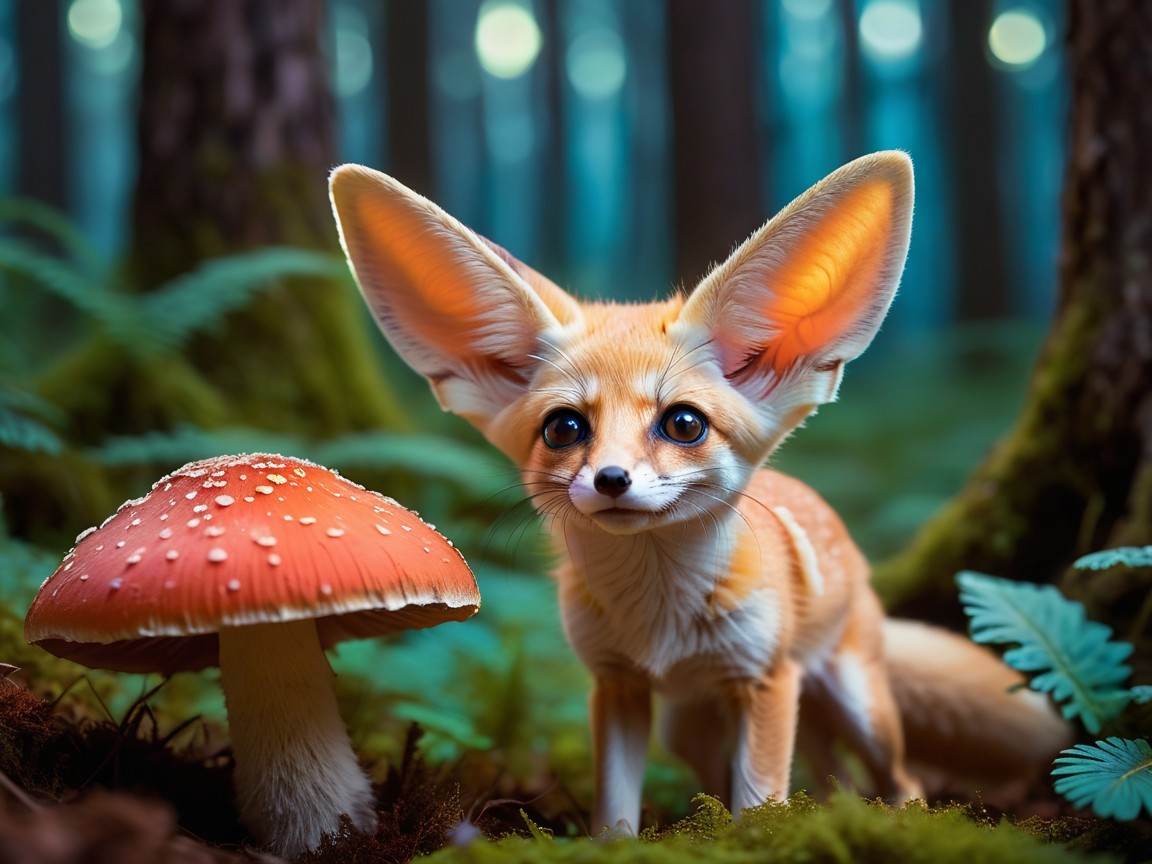 Fennec Fox in Vibrant Forest with Orange Mushroom