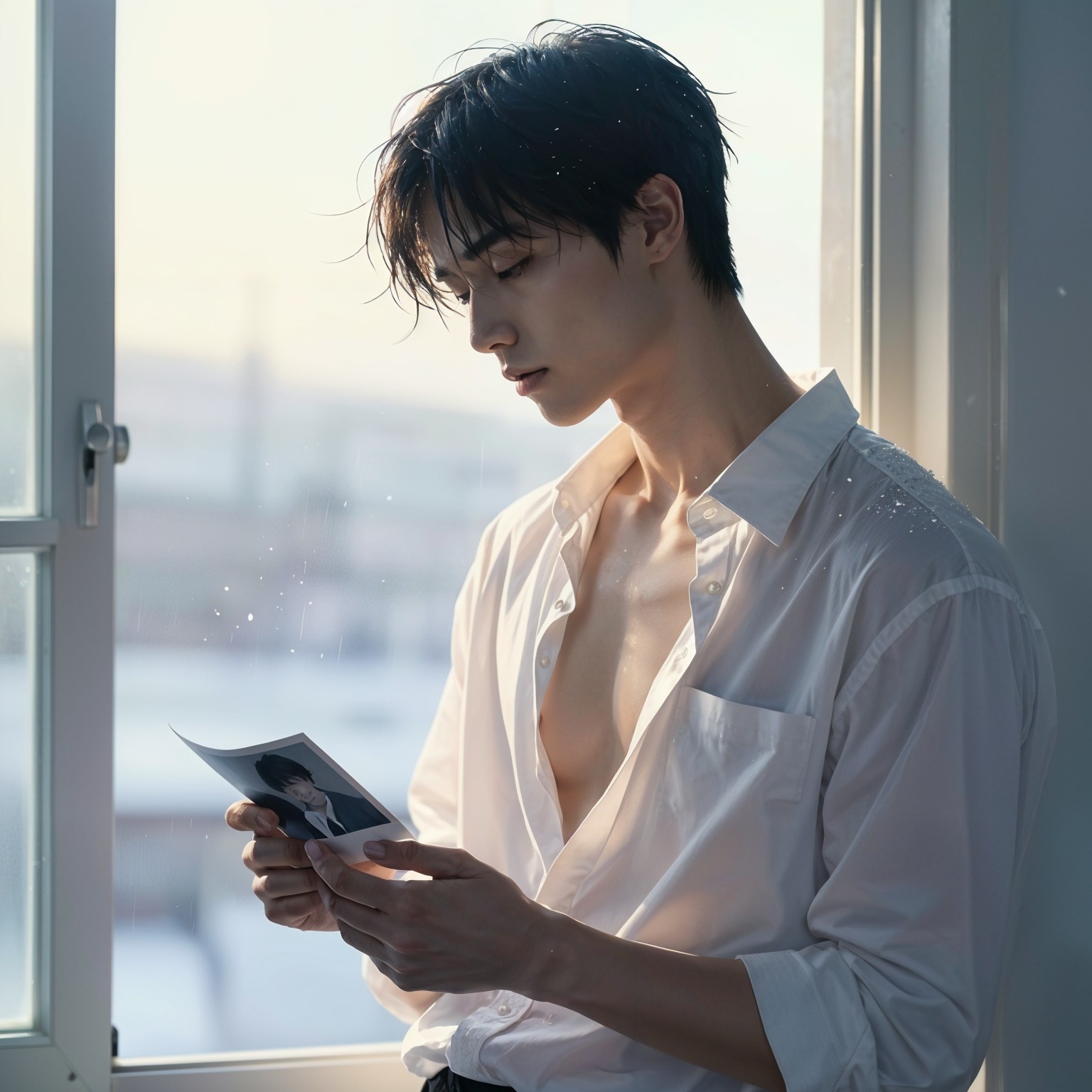 Asian man in wet shirt holding a photograph by window
