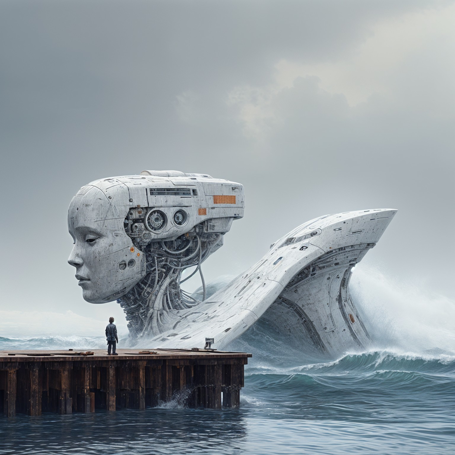 Futuristic Robotic Head Emerges from Ocean Waves