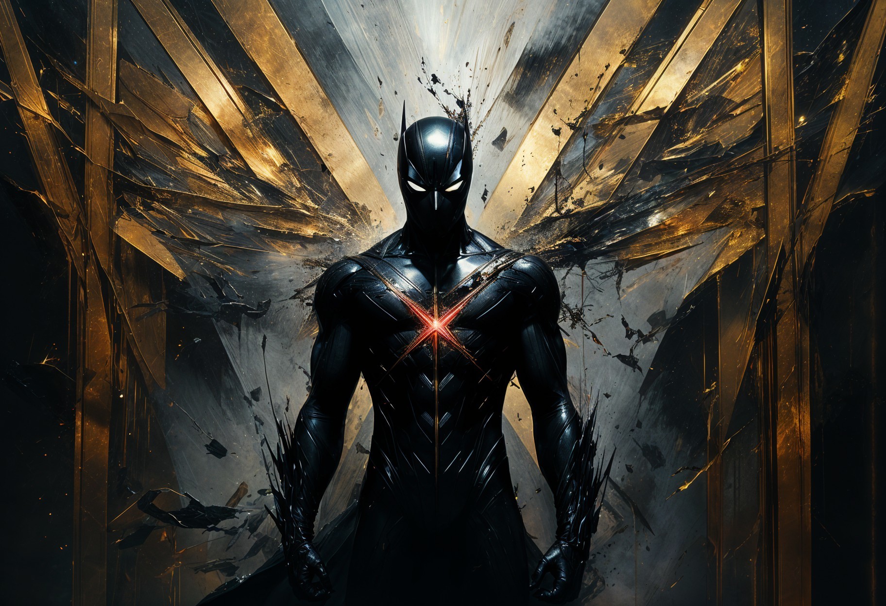 Powerful figure in black suit with red emblem and gold shards