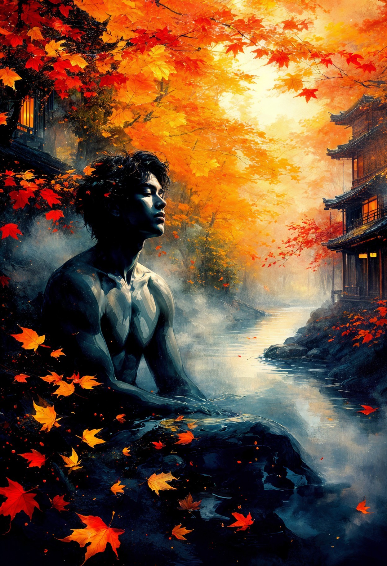 Serene Figure in Vibrant Autumn Foliage and River