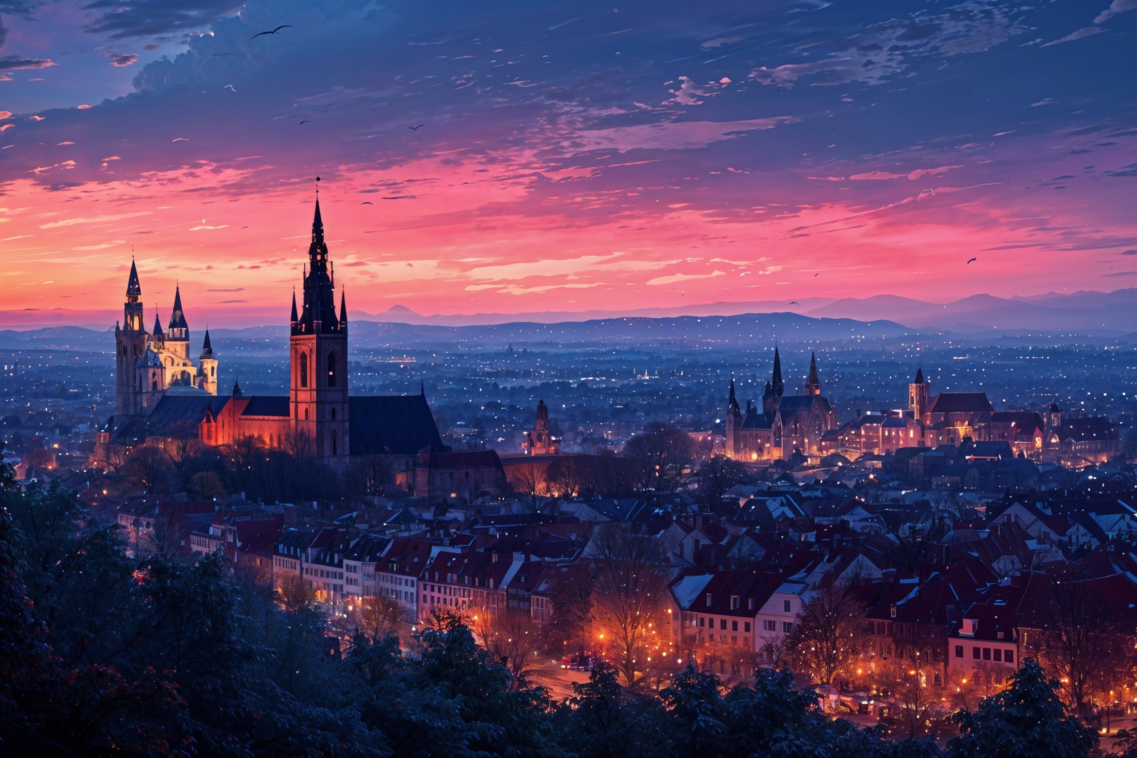 Twilight City Skyline with Gothic Cathedrals and Hills