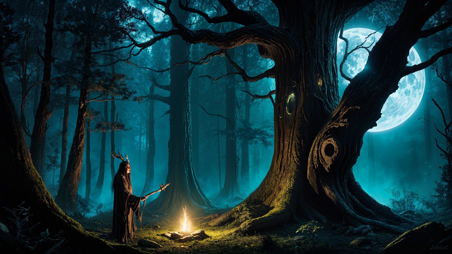 Mystical Forest Scene with Antlered Figure and Fire