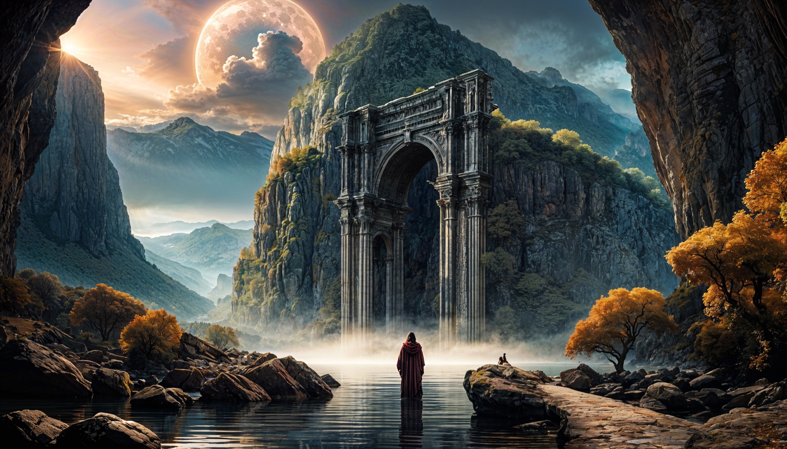 Mysterious landscape with ancient archway and autumn colors