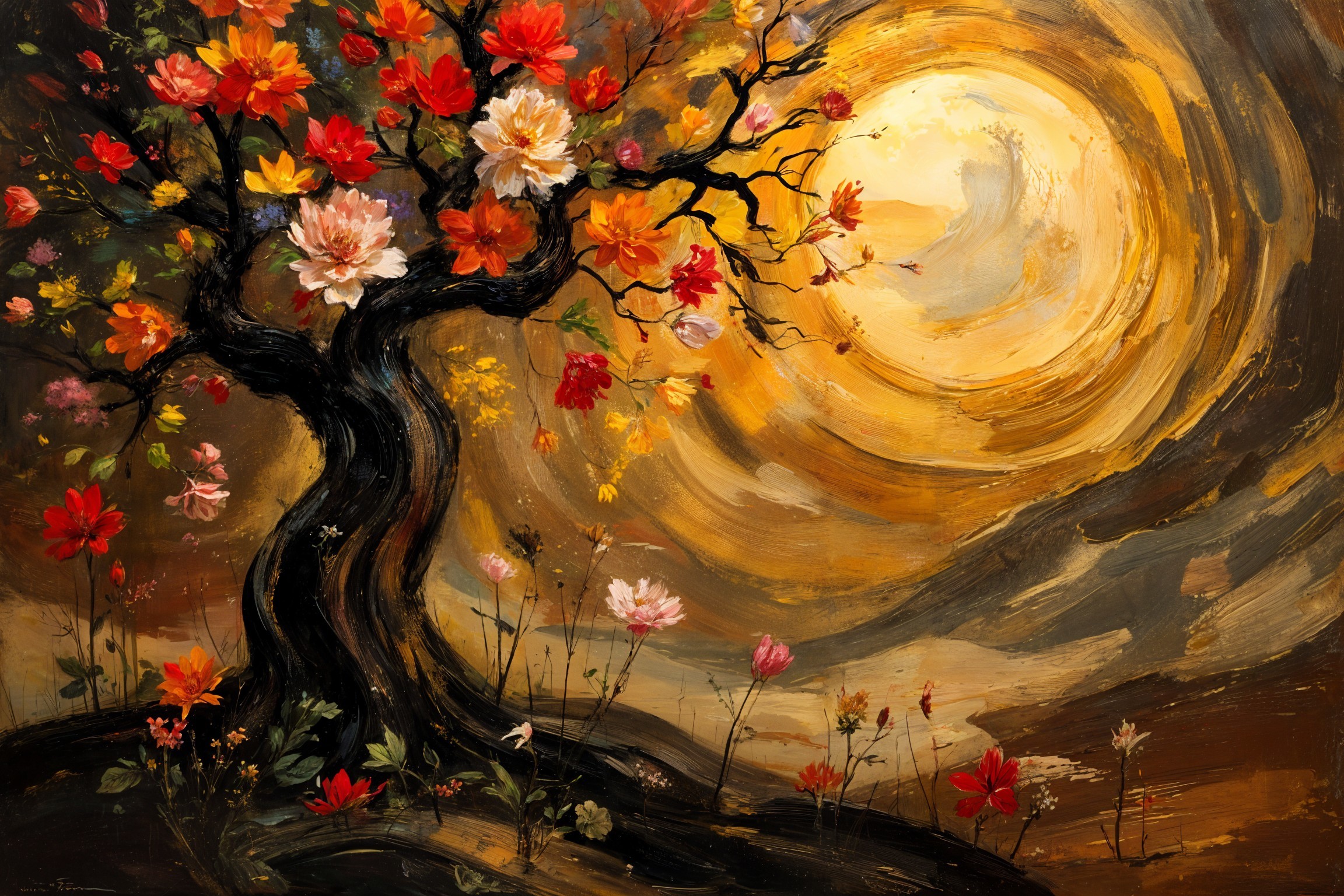 Vibrant Blossoming Tree Against Golden Backdrop