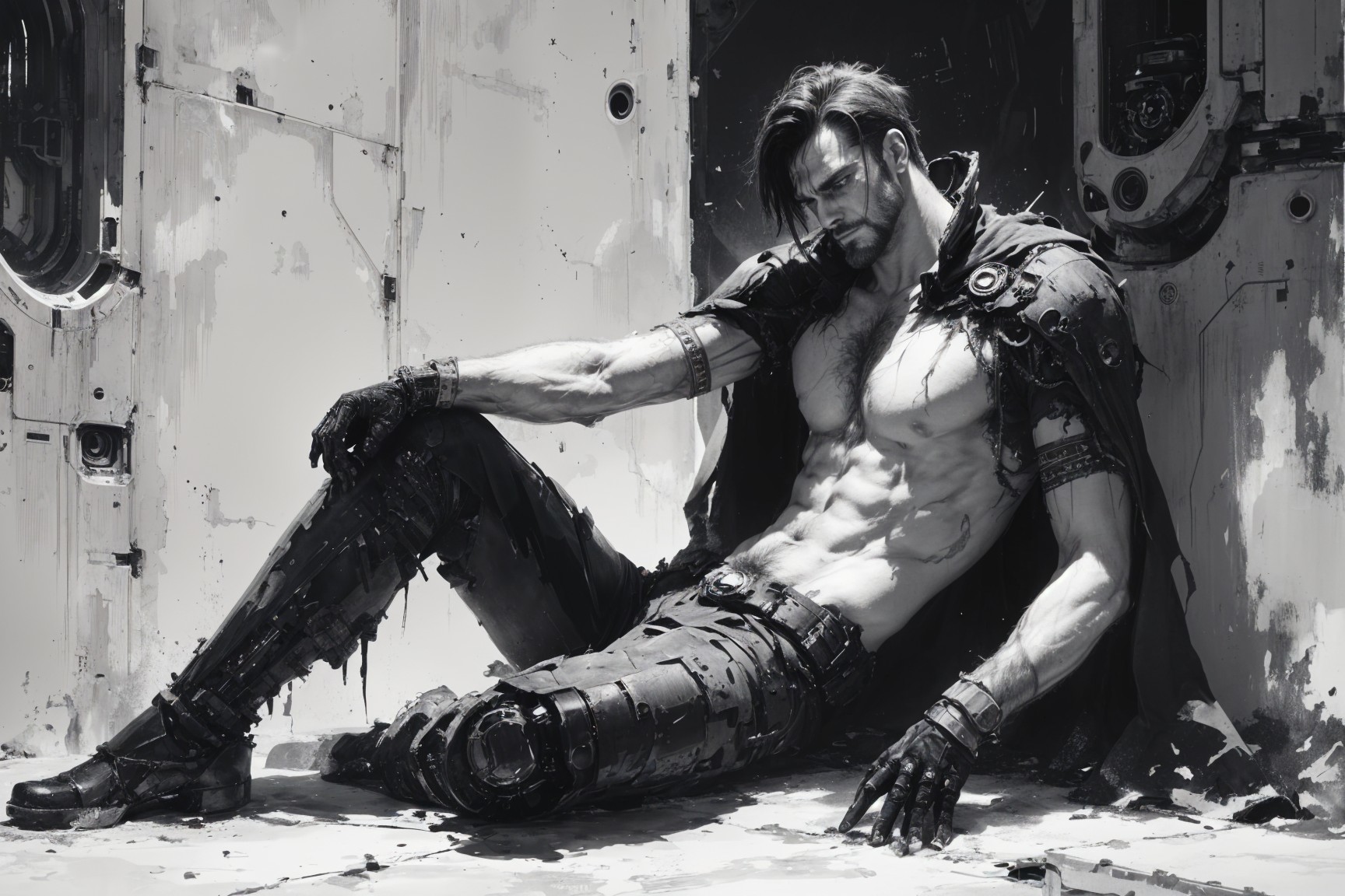 Muscular Man in Futuristic Setting with Cybernetic Limbs