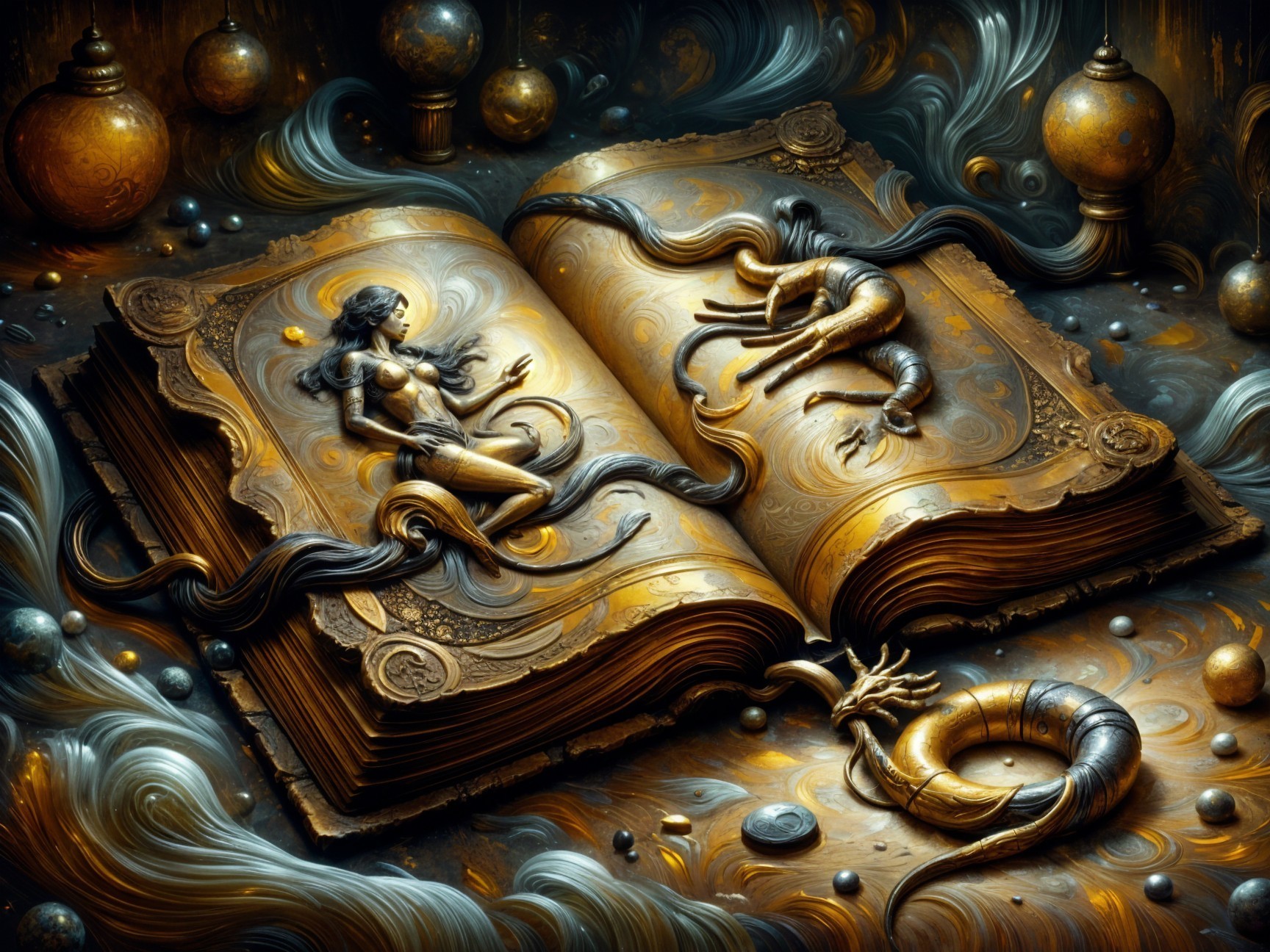 Ornate Book Surrounded by Mystical Energy and Creatures