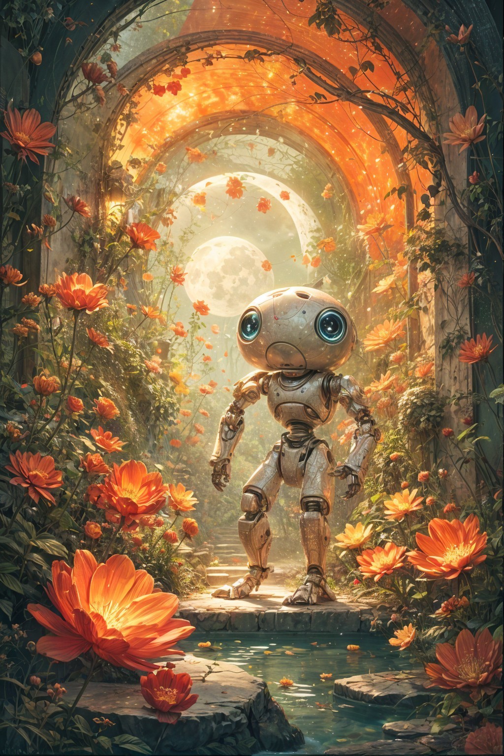 Charming Robot in Enchanted Garden with Moonlight