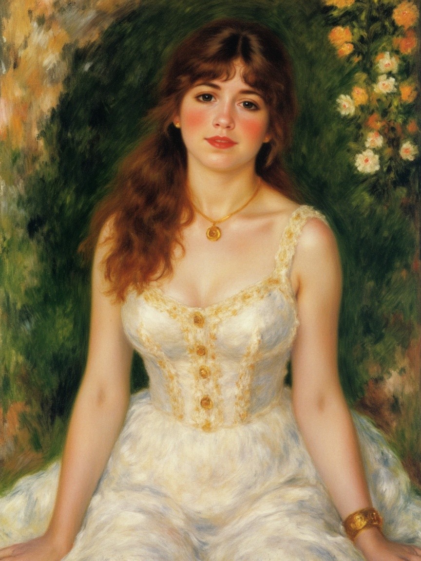 Young Woman in White Dress in Lush Green Setting