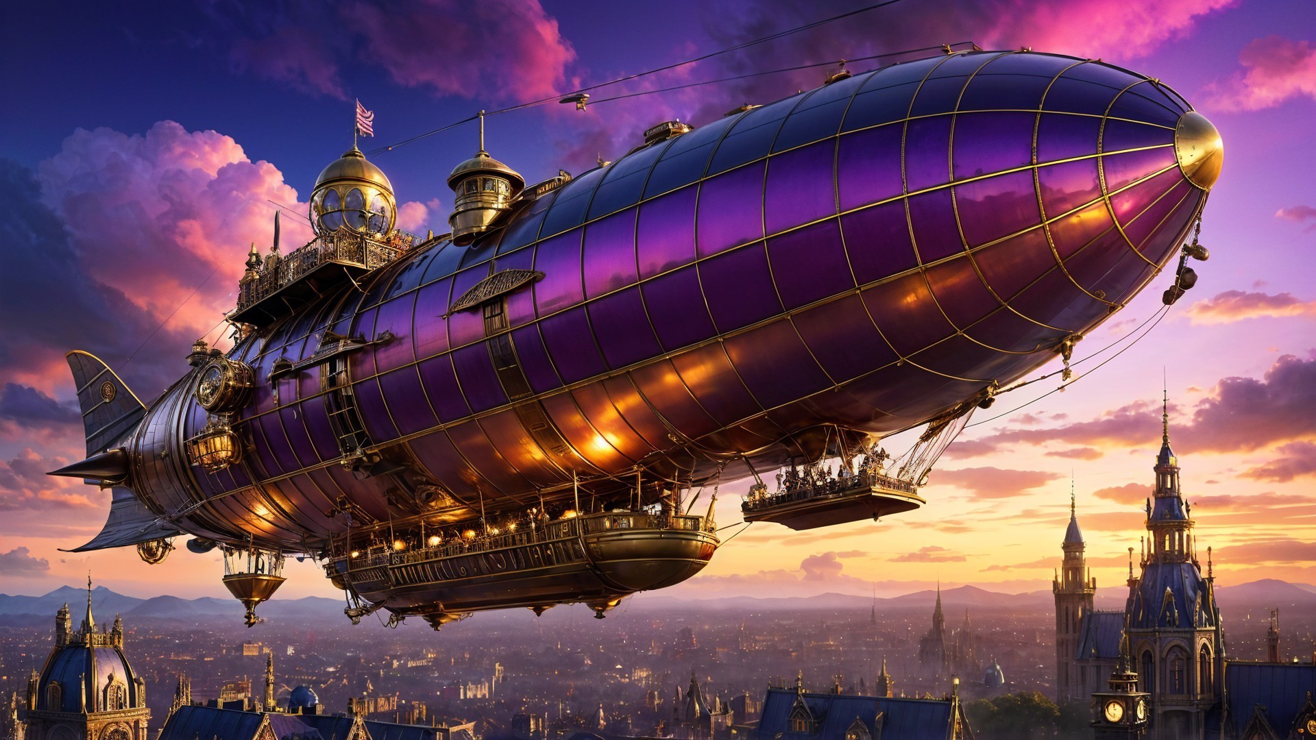 Steampunk Airship in Colorful Sunset Sky