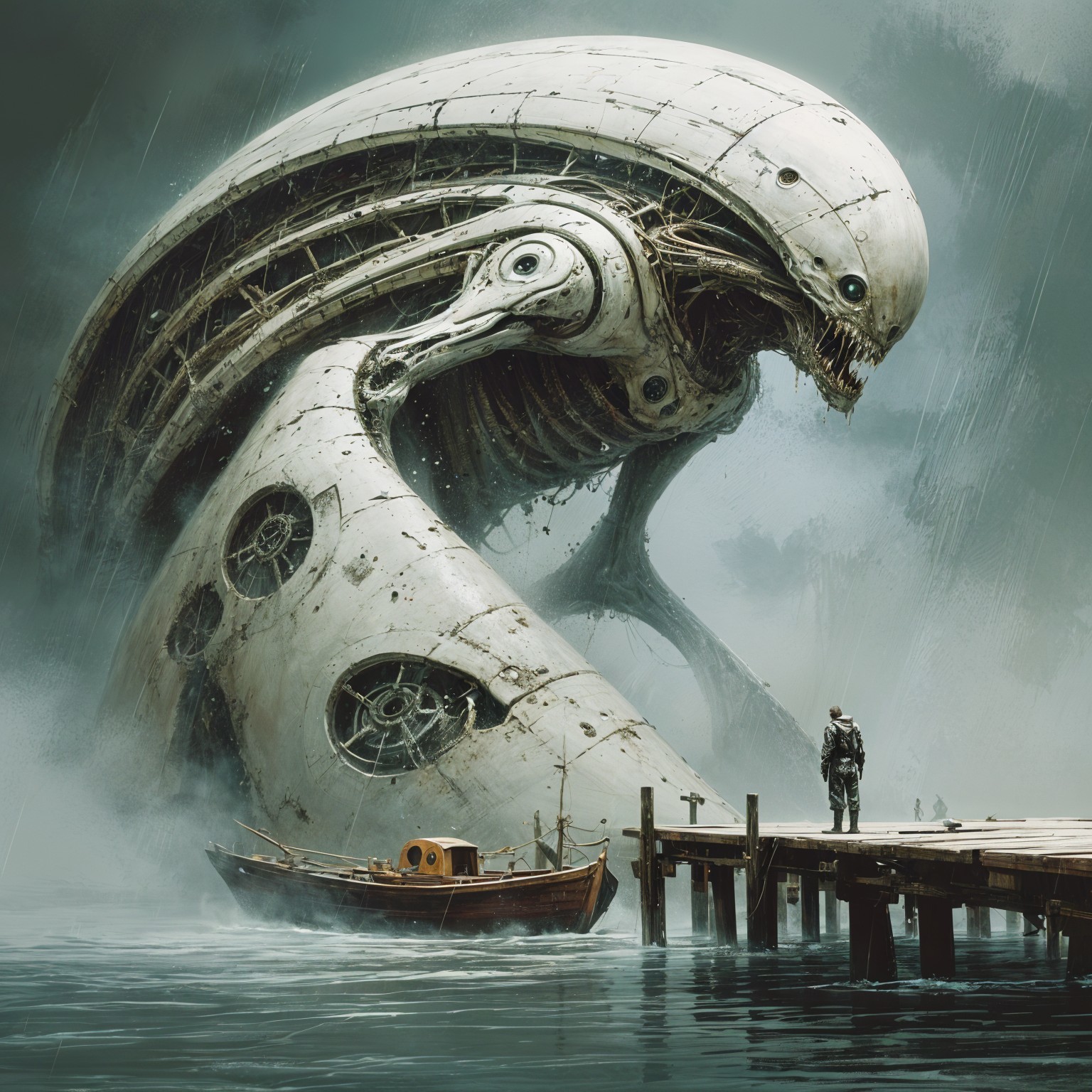 Futuristic Creature Overlooks Dock and Lone Figure