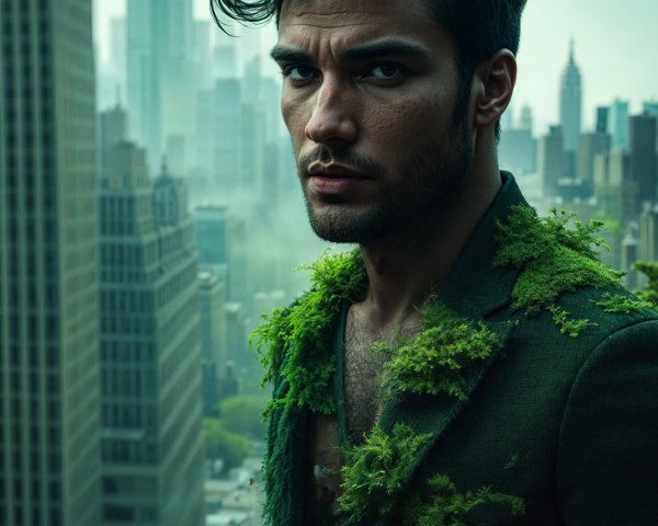 Portrait of a Man in a Cityscape with Moss Suit
