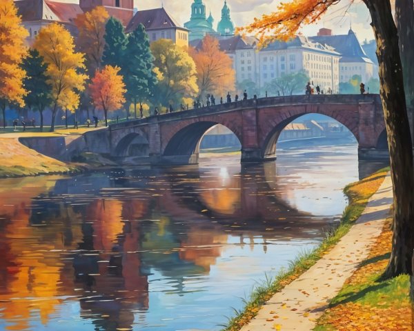 Autumn Landscape with River and Historic Bridge