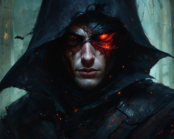 Cloaked Figure with Fiery Eyes in Dark Forest