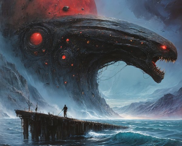 Dark Fantastical Landscape with Colossal Creature