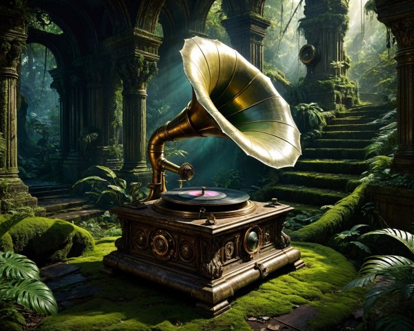 Vintage Gramophone in Lush Overgrown Setting