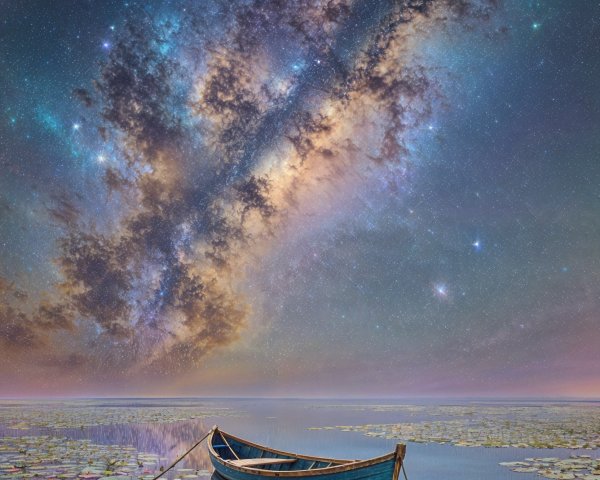 Serene boat on tranquil lake under vibrant night sky