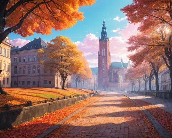 Autumn Landscape with Vibrant Leaves and Tower