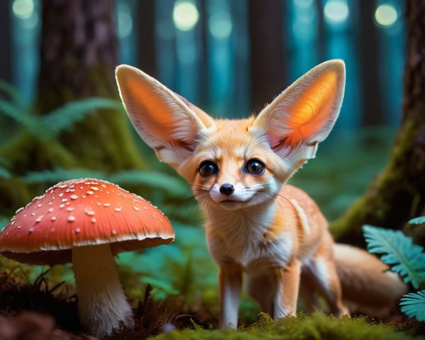 Fennec Fox in Vibrant Forest with Orange Mushroom