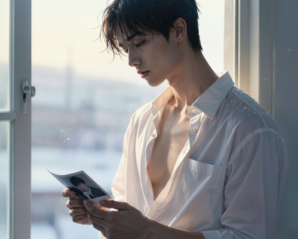 Asian man in wet shirt holding a photograph by window