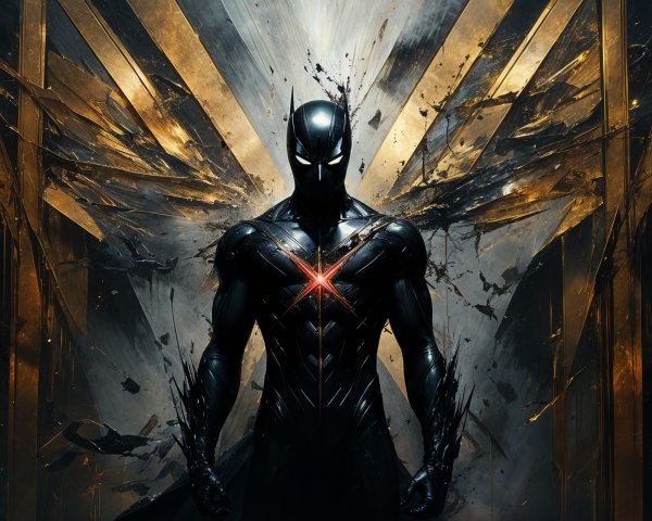 Powerful figure in black suit with red emblem and gold shards