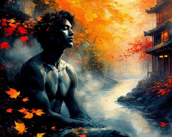 Serene Figure in Vibrant Autumn Foliage and River