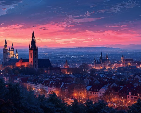 Twilight City Skyline with Gothic Cathedrals and Hills