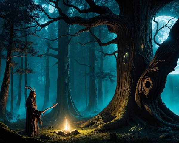 Mystical Forest Scene with Antlered Figure and Fire