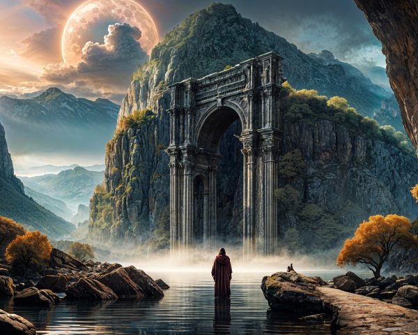 Mysterious landscape with ancient archway and autumn colors