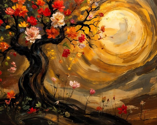 Vibrant Blossoming Tree Against Golden Backdrop