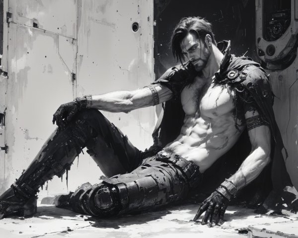 Muscular Man in Futuristic Setting with Cybernetic Limbs