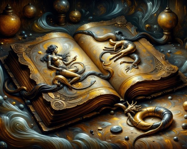 Ornate Book Surrounded by Mystical Energy and Creatures