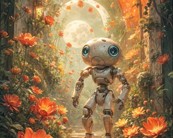 Charming Robot in Enchanted Garden with Moonlight
