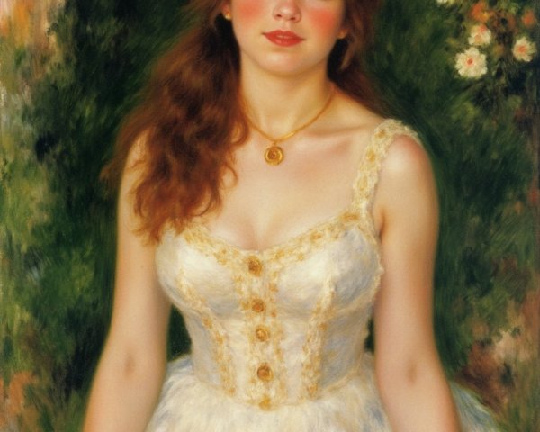 Young Woman in White Dress in Lush Green Setting