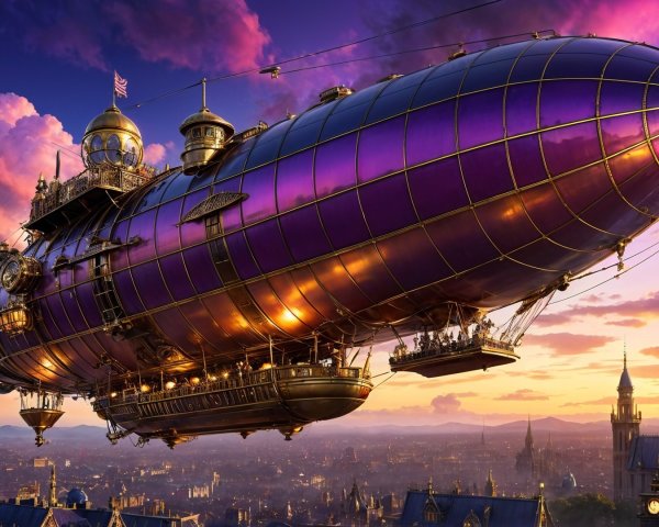 Steampunk Airship in Colorful Sunset Sky