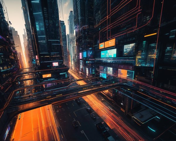 Futuristic cityscape with illuminated skyscrapers and walkways