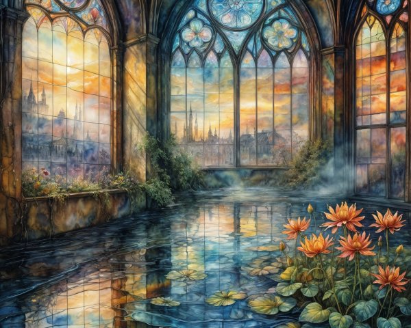 Indoor Medieval Pond with Stained Glass and Plants