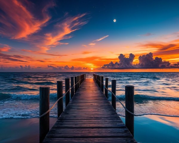 Vibrant Sunset Over Calm Ocean with Wooden Pier