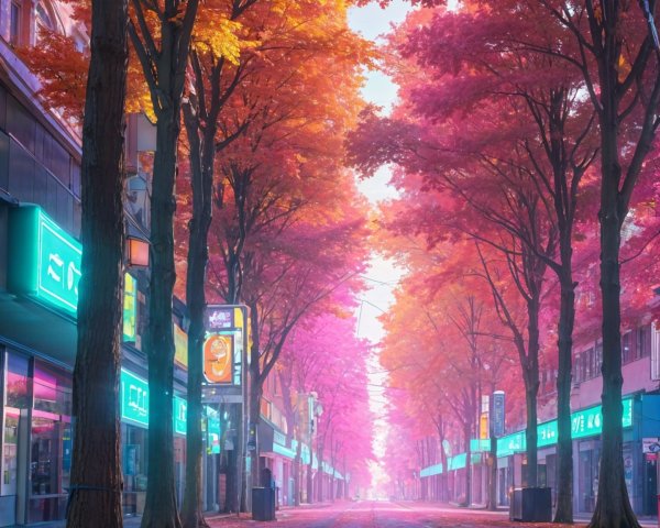 Urban street with autumn trees and vibrant foliage