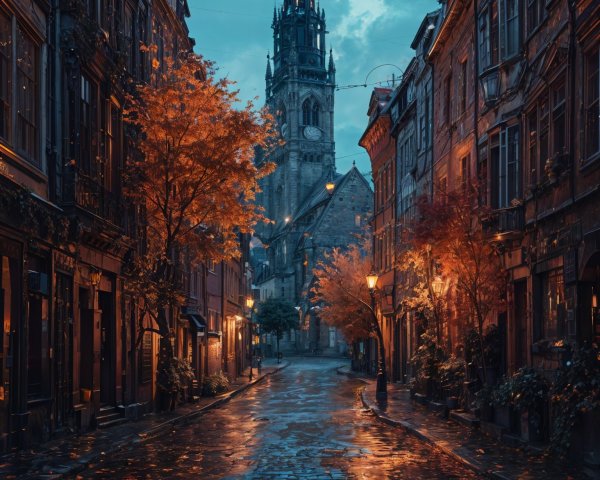 Autumn Street Scene with Cobblestones and Church Steeple