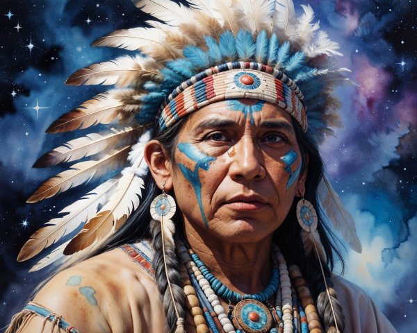 Indigenous Individual in Cultural Attire Against Cosmos