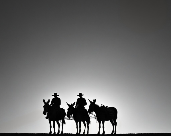 Silhouetted Cowboys on Horseback Against Bright Horizon